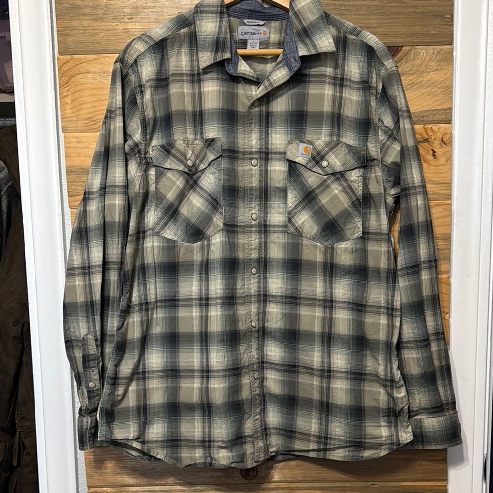 Men's Carhartt Plaid Relaxed Fit Long Sleeve Snap Closure Work Shirt ‎ Large